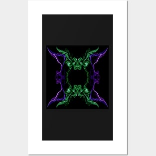 Green and violet abstract twisted smoke isolated on black background, formed in circles Posters and Art